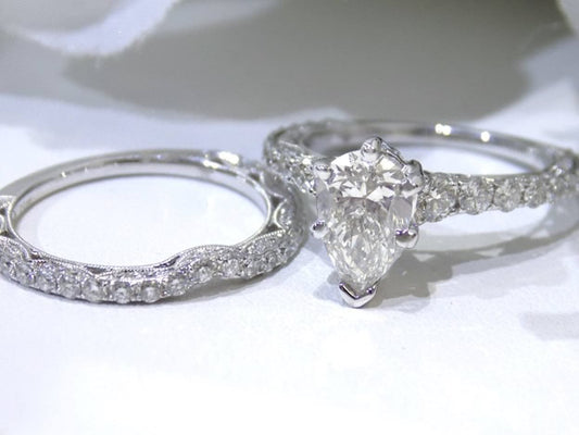 3.15ct TW Natural Pear Shape Diamond Wedding Set (w/ Matching Band) with a Nice 1.51ct Pear Shape Center in a Victorian Style Solid 14K White Gold Mounting