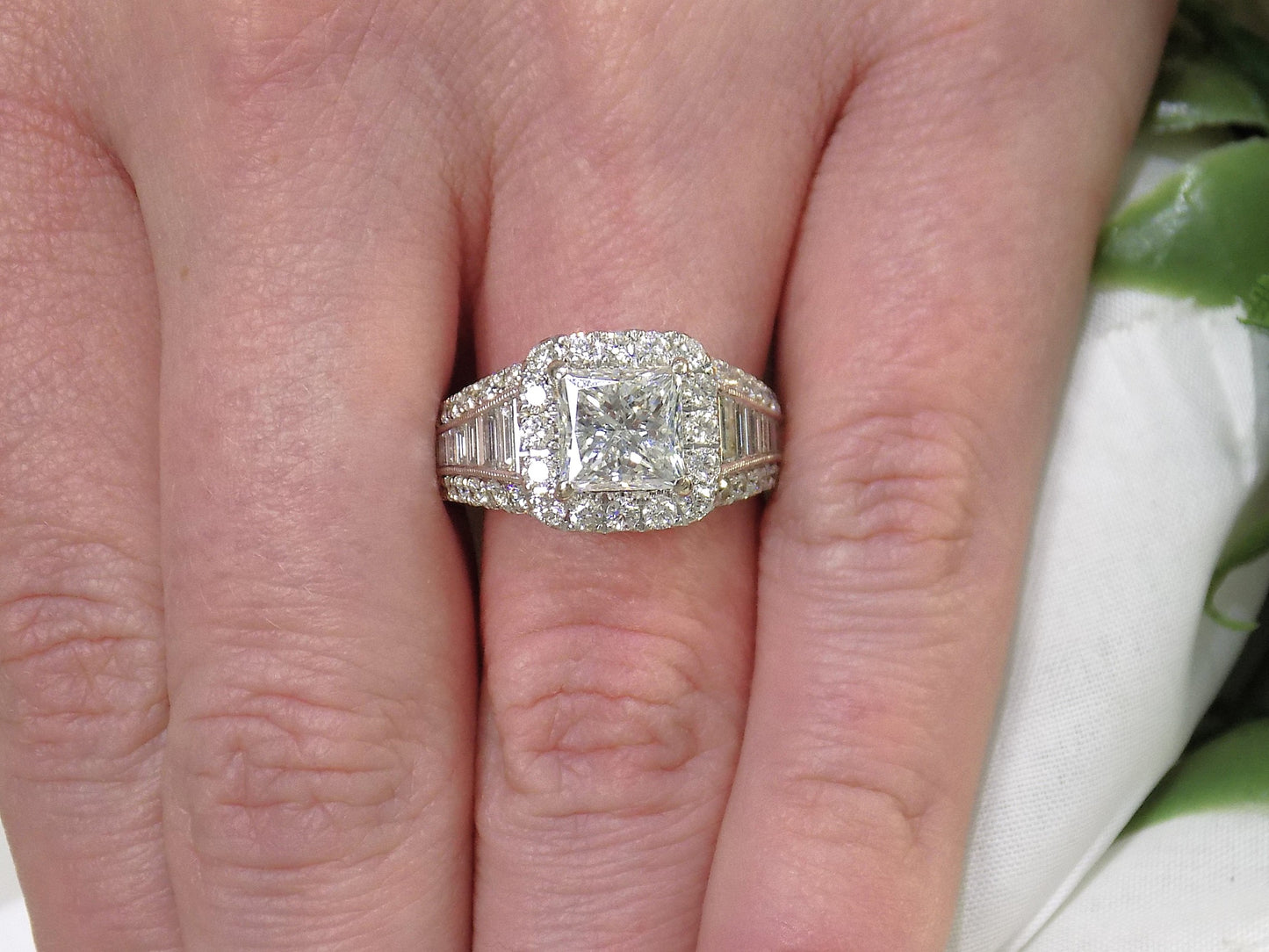 Estate 3.68ct TW Natural Diamond Ring with 2.05ct Princess Cut Diamond in a 1.63ct Simon G Brand Baguette & Round Diamond Mounting in 18K White Gold - Like Brand NEW