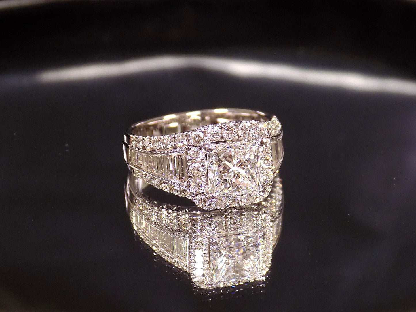 Estate 3.68ct TW Natural Diamond Ring with 2.05ct Princess Cut Diamond in a 1.63ct Simon G Brand Baguette & Round Diamond Mounting in 18K White Gold - Like Brand NEW