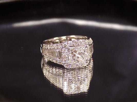 Estate 3.68ct TW Natural Diamond Ring with 2.05ct Princess Cut Diamond in a 1.63ct Simon G Brand Baguette & Round Diamond Mounting in 18K White Gold - Like Brand NEW