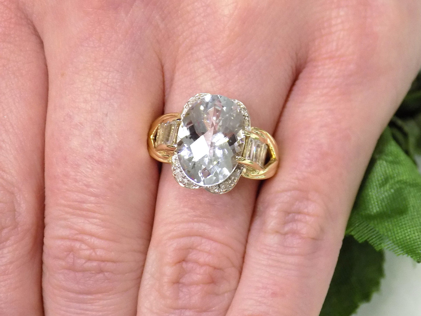 5ct TW Estate Natural Oval Shape Aquamarine & Diamond Ring in 10K Yellow Gold