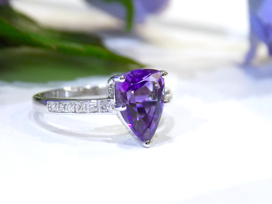 Women's 2.06ct TW Natural Pear Shape Amethyst & Diamond Ring in 14K White Gold