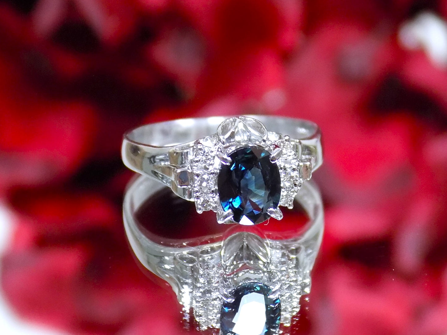 Vintage Oval Shape Natural Sapphire & Diamond Ring .89ct TW in 900 Platinum - Like New Condition