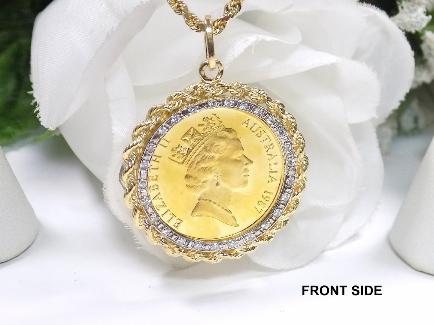 1987 $200 Australian Gold Coin Pendant with .25ct Diamond Bezel in 14K Gold - Coin is 10g of 22K Gold