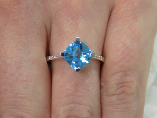 Women's 2.60ct TW Genuine Cushion Cut Blue Topaz & Diamond Ring in 10K White Gold