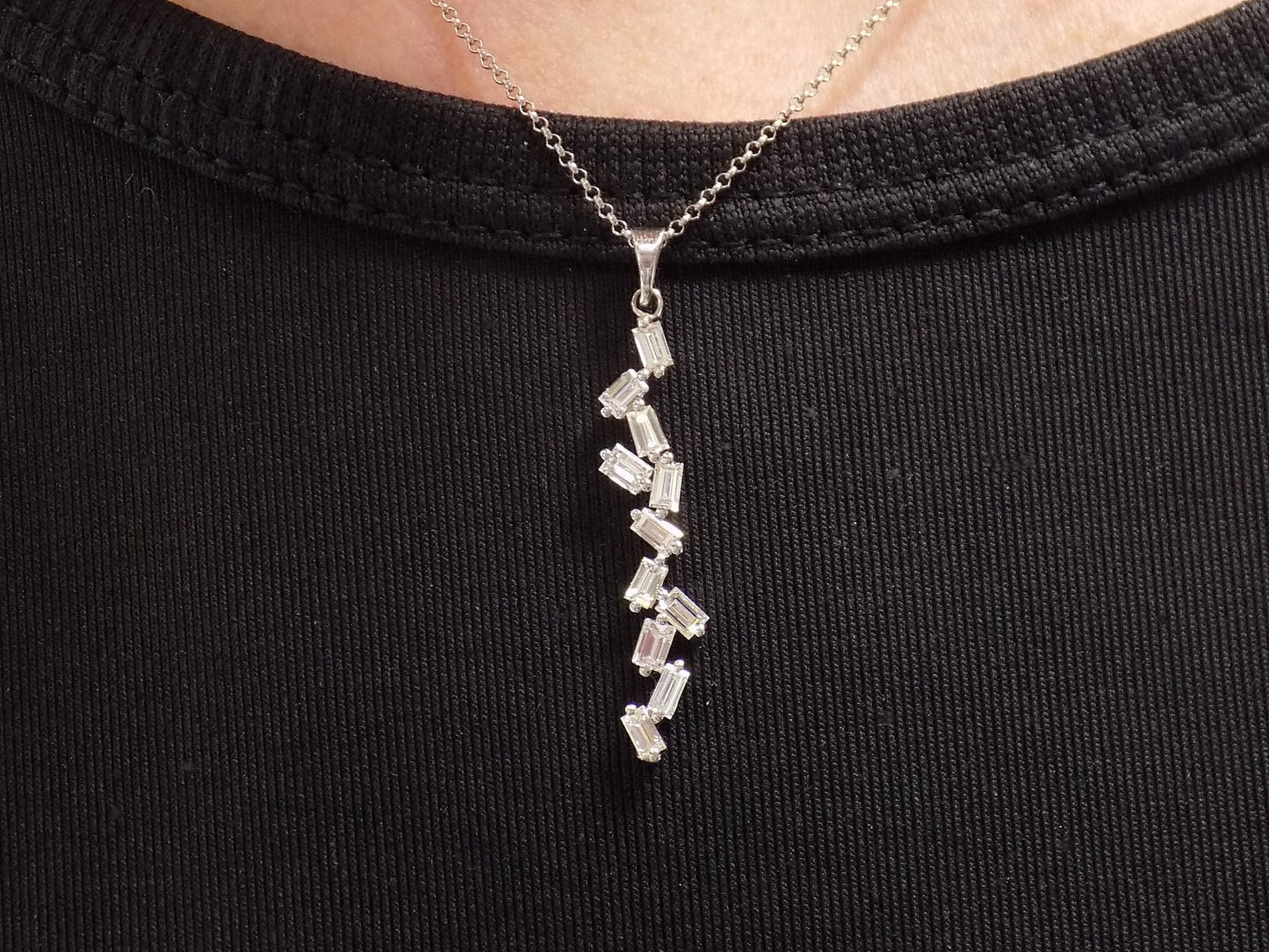 Custom Made Women's .91ct TW Natural All Baguette Diamond Drop Pendant or Necklace in 18K White Gold - Adjustable Chain