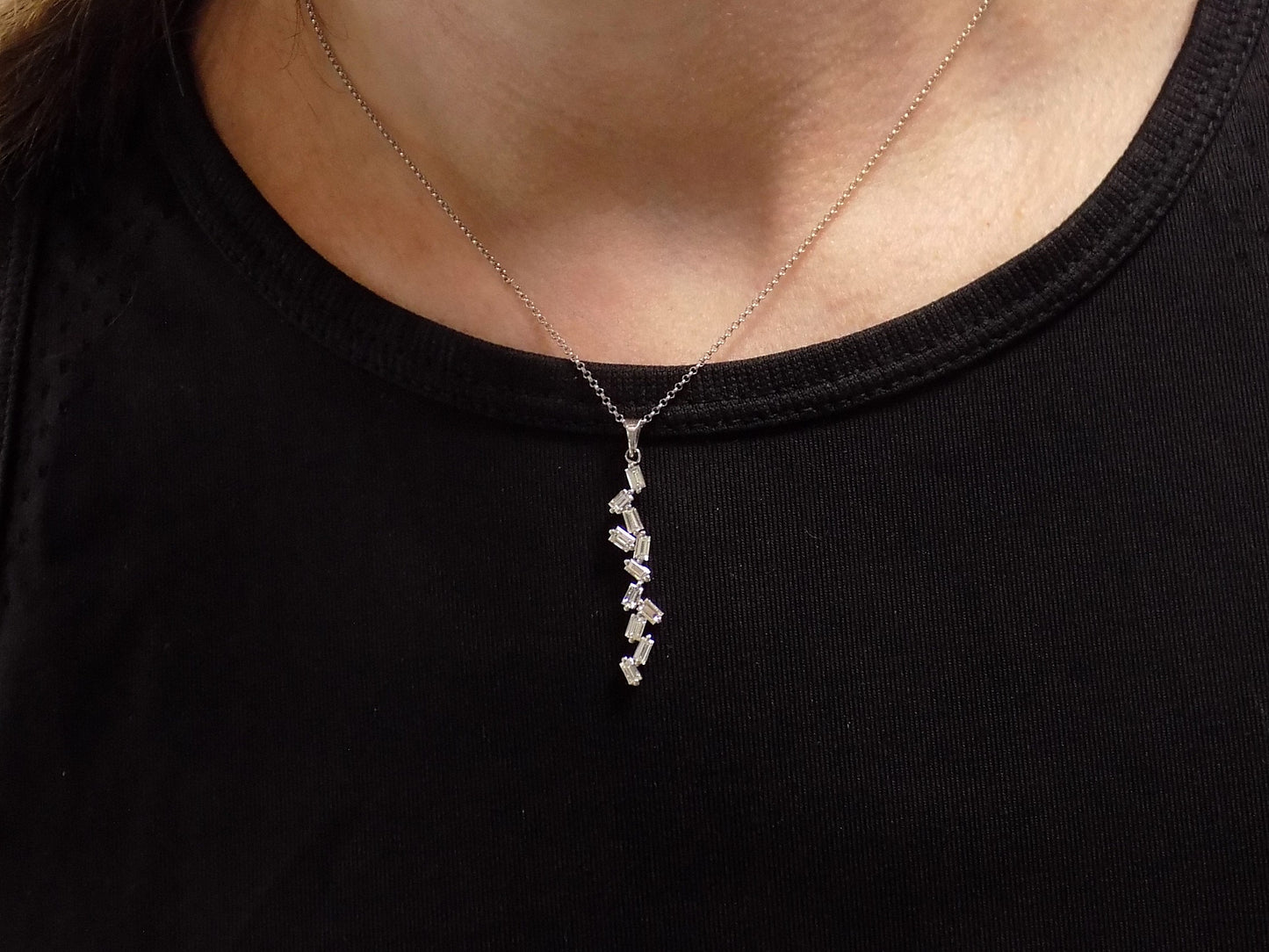 Custom Made Women's .91ct TW Natural All Baguette Diamond Drop Pendant or Necklace in 18K White Gold - Adjustable Chain