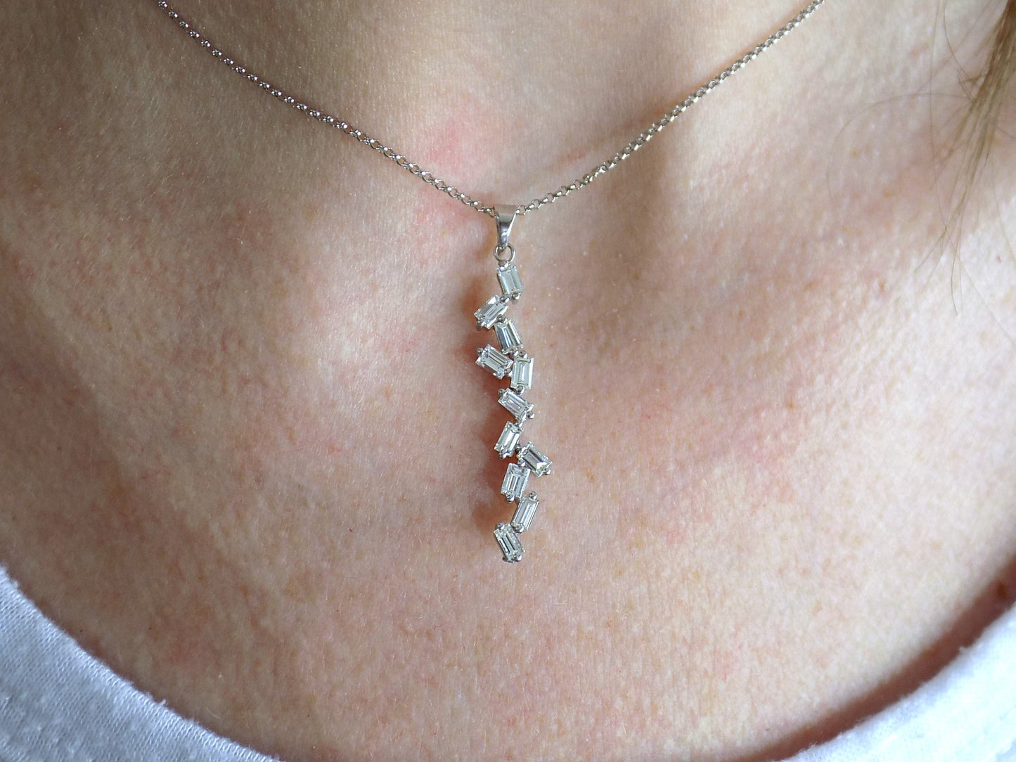 Custom Made Women's .91ct TW Natural All Baguette Diamond Drop Pendant or Necklace in 18K White Gold - Adjustable Chain