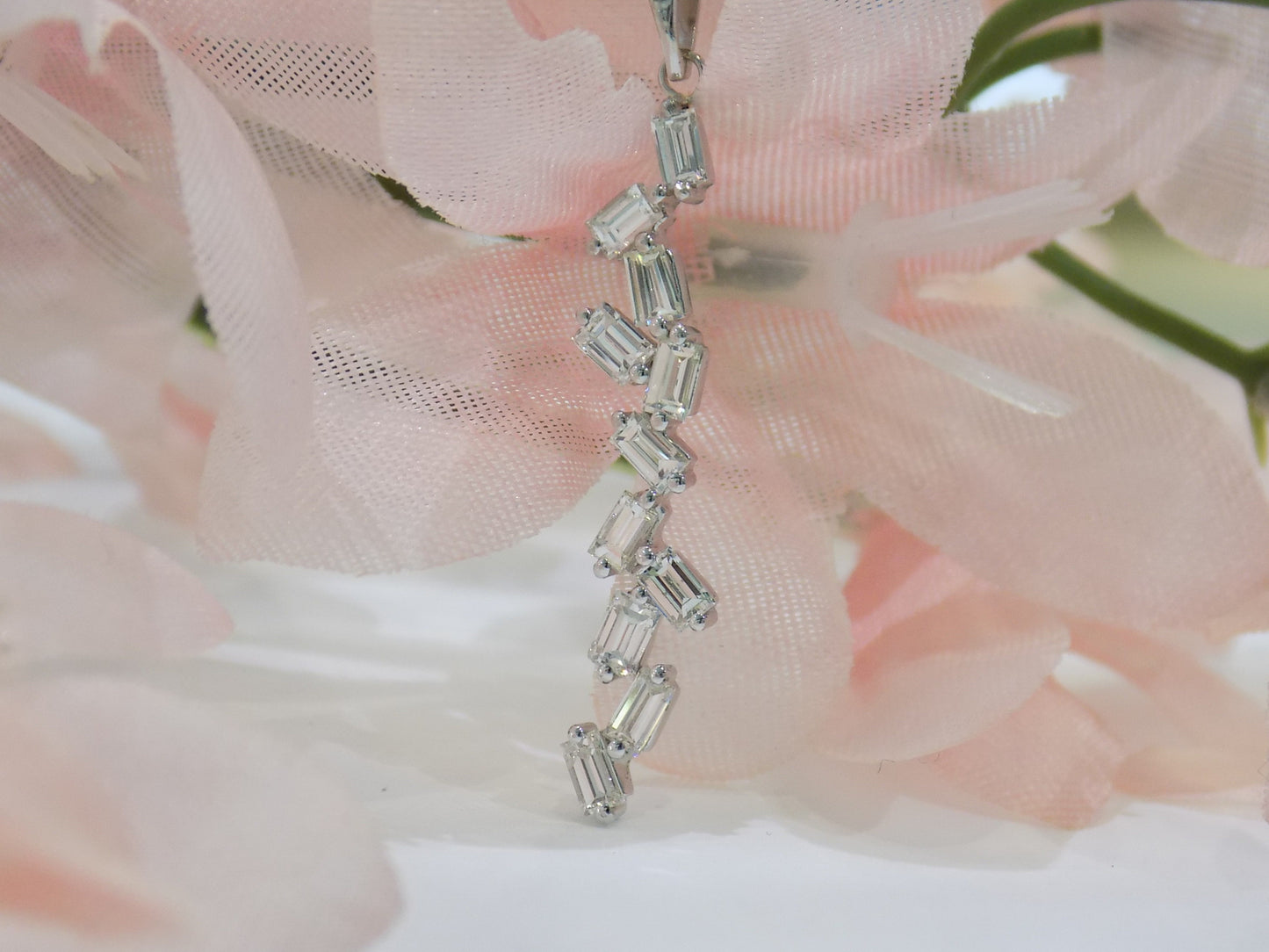 Custom Made Women's .91ct TW Natural All Baguette Diamond Drop Pendant or Necklace in 18K White Gold - Adjustable Chain