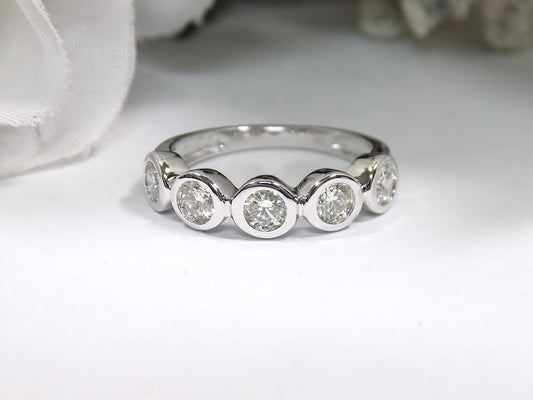 1.00ct TW Natural 5-Stone Bezel Set Round Brilliant Diamond Band in 14K White Gold