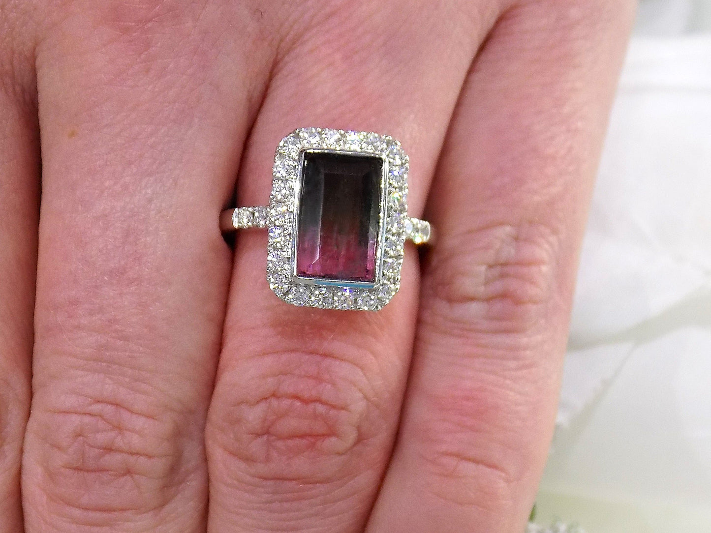 NEW 3.26ct TW Halo Style Natural Bi-Color Tourmaline & Diamond Ring in 14K White Gold - Bluish Green & Pink