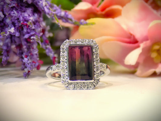 NEW 3.26ct TW Halo Style Natural Bi-Color Tourmaline & Diamond Ring in 14K White Gold - Bluish Green & Pink