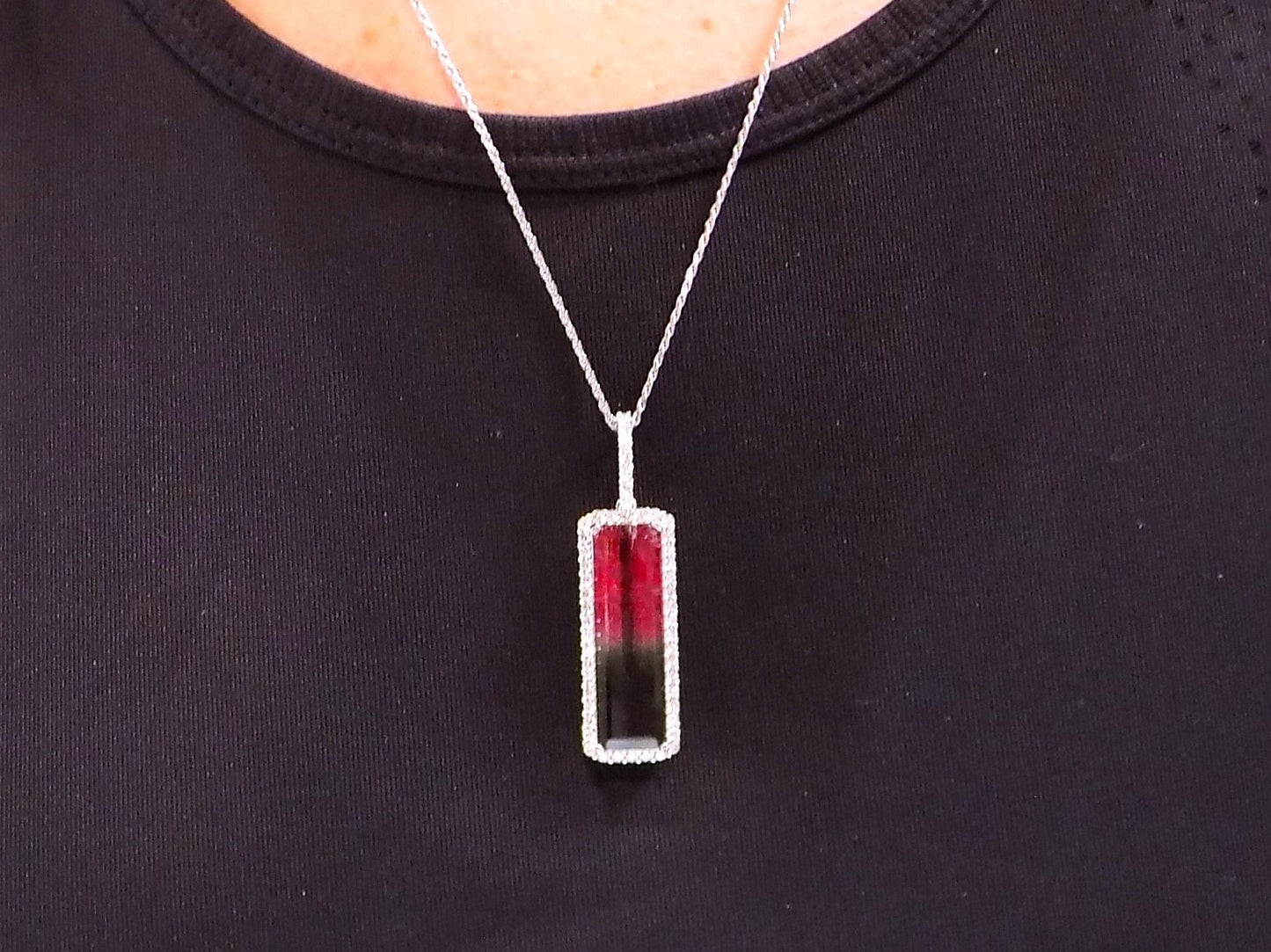 Halo Style Rare 17.96ct TW Natural Bi-Color Tourmaline & Diamond Pendant or Necklace in 14K White Gold