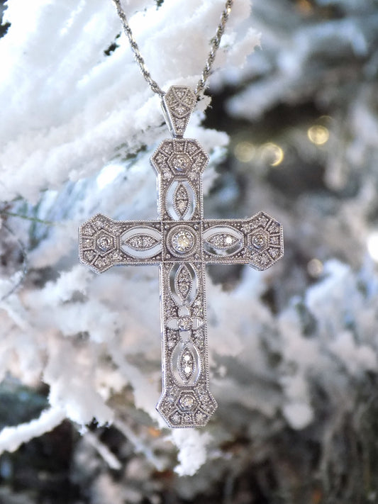 Victorian Style .50ct TW Natural Diamond Cross Pendant or Necklace in 10K White Gold - Chain Not Included