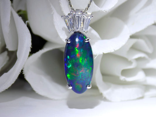 7.48ct TW Natural Black Opal Pendant with Natural Baguette Diamond Accents - Very Rare & Unique