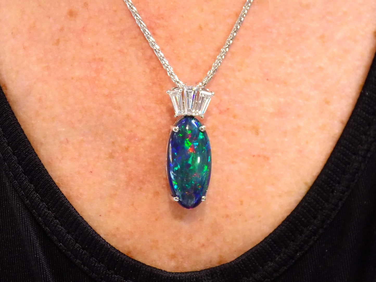 7.48ct TW Natural Black Opal Pendant with Natural Baguette Diamond Accents - Very Rare & Unique