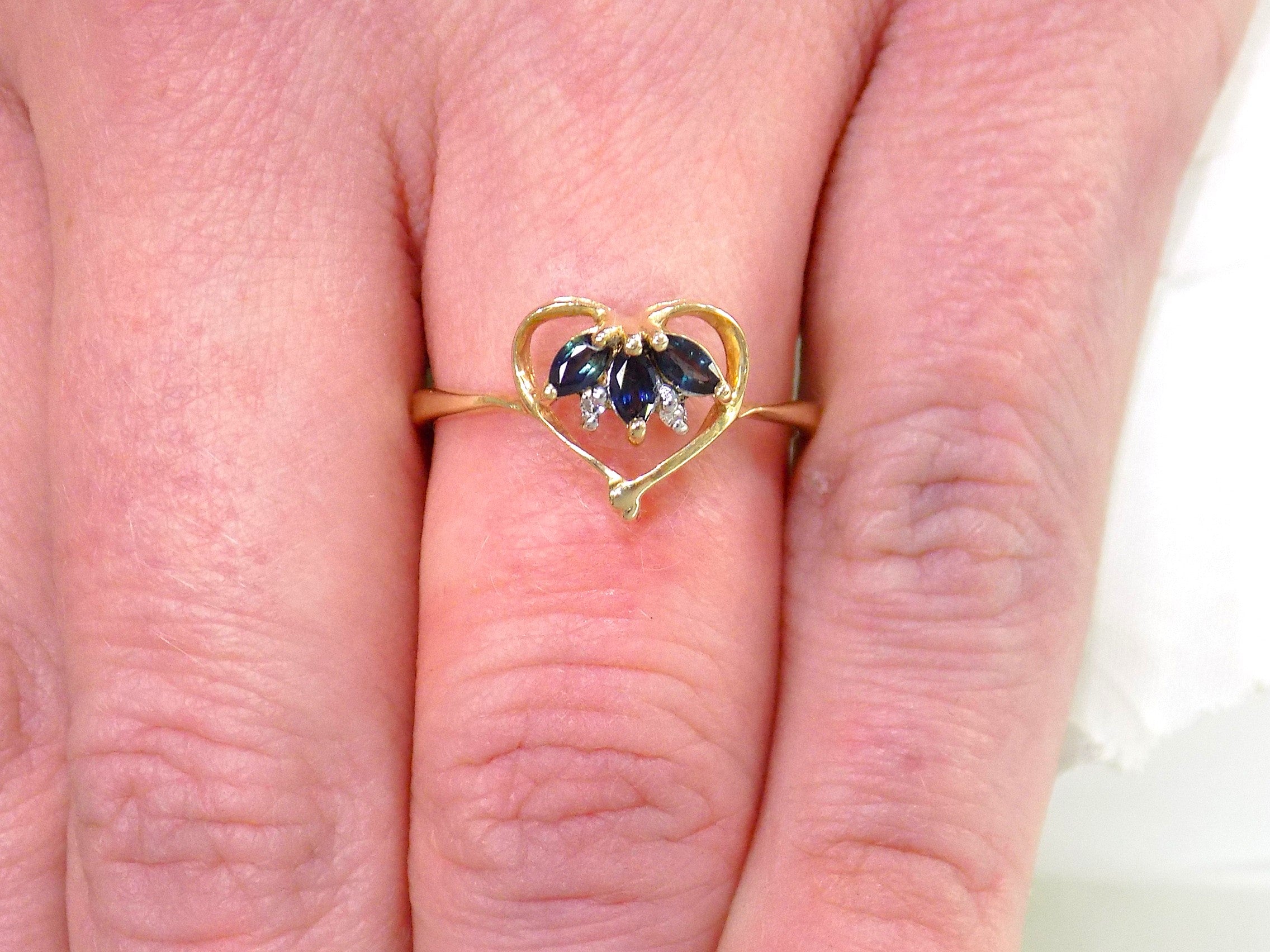 Small Estate Genuine London Blue Topaz & Diamond Heart Shape Ring in 10K Yellow Gold from our Estate Collection - Like New Condition