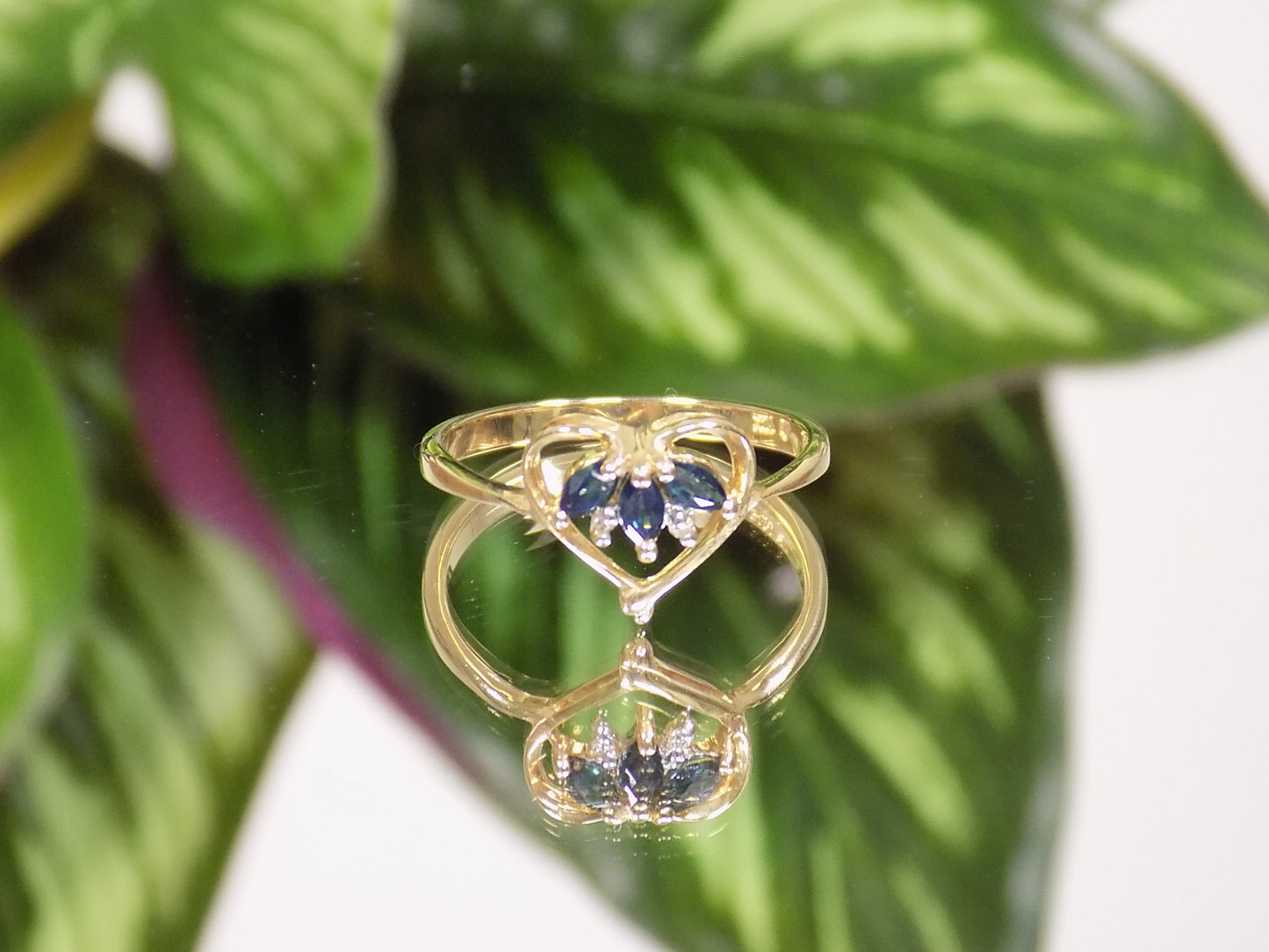 Small Estate Genuine London Blue Topaz & Diamond Heart Shape Ring in 10K Yellow Gold from our Estate Collection - Like New Condition