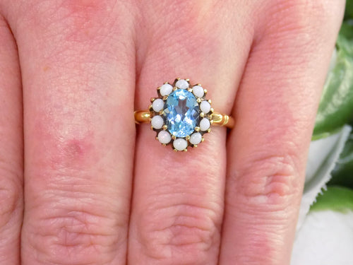 ESTATE Women's 2ct TW Natural Oval Shape Blue Topaz & Opal Ring in Solid 10K Yellow Gold