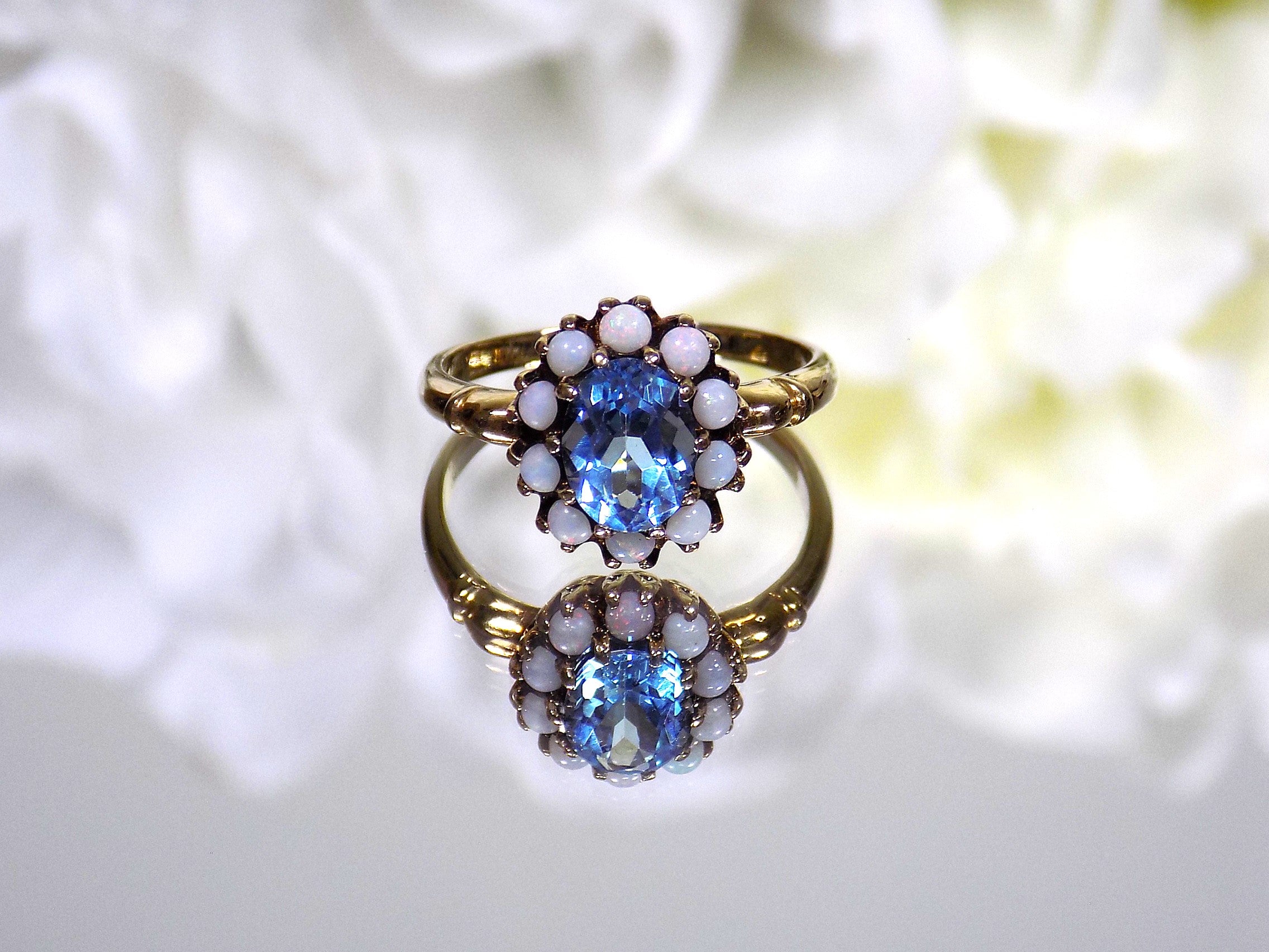 ESTATE Women's 2ct TW Natural Oval Shape Blue Topaz & Opal Ring in Solid 10K Yellow Gold