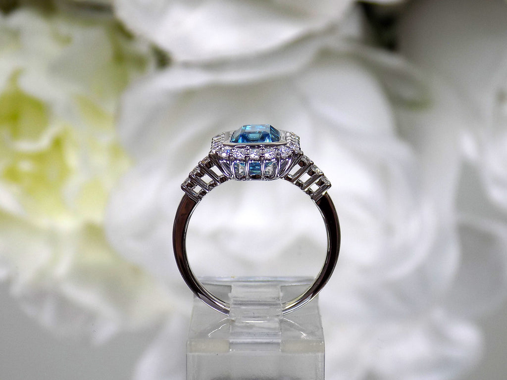 Women's 3.84ct TW Natural Emerald Cut Blue Zircon & Diamond Ring in Solid 14K White Gold