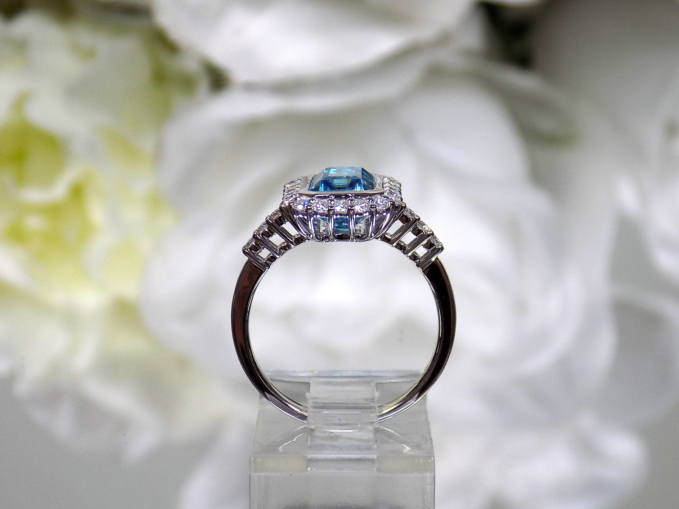 Women's 3.84ct TW Natural Emerald Cut Blue Zircon & Diamond Ring in Solid 14K White Gold
