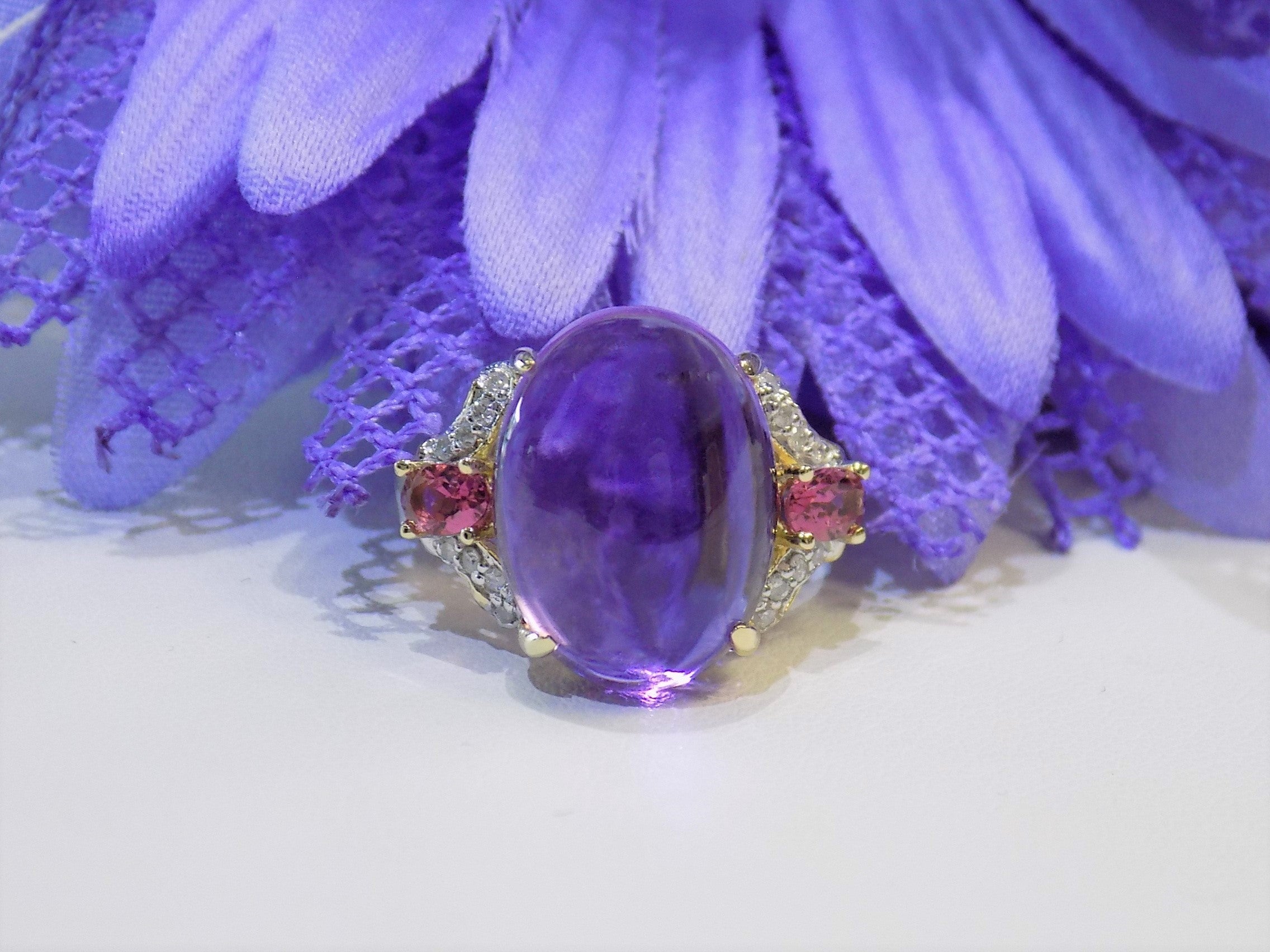Women's 11.56ct Natural Oval Shape Cabochon Amethyst with Pink Tourmaline & Diamond Accents in 10K
