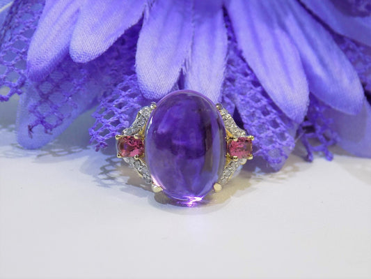 Women's 11.56ct Natural Oval Shape Cabochon Amethyst with Pink Tourmaline & Diamond Accents in 10K