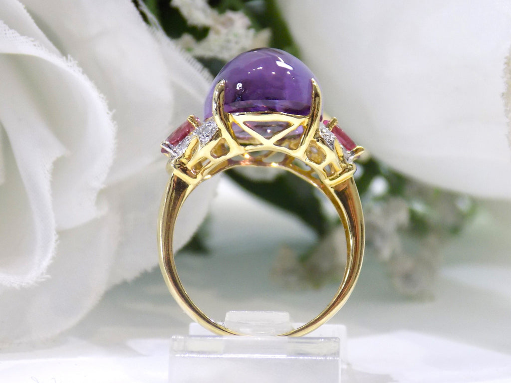 Women's 11.56ct Natural Oval Shape Cabochon Amethyst with Pink Tourmaline & Diamond Accents in 10K
