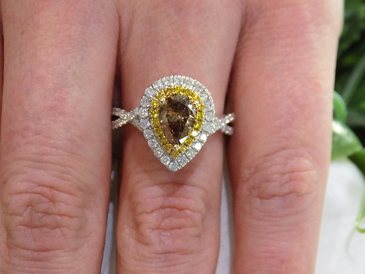 1.69ct TW Natural Chocolate Cognac 1ct Pear Shape Center with Natural Canary Yellow Diamond Accents in 14K White Gold