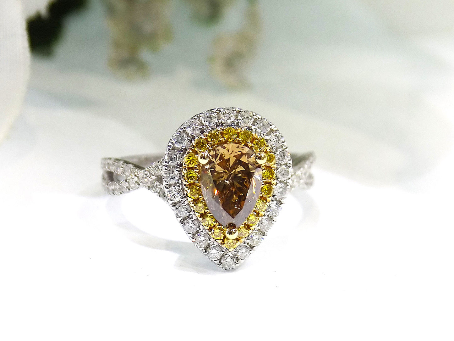 1.69ct TW Natural Chocolate Cognac 1ct Pear Shape Center with Natural Canary Yellow Diamond Accents in 14K White Gold