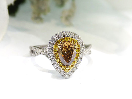 1.69ct TW Natural Chocolate Cognac 1ct Pear Shape Center with Natural Canary Yellow Diamond Accents in 14K White Gold