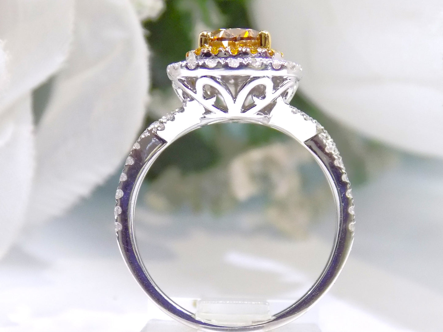 1.69ct TW Natural Chocolate Cognac 1ct Pear Shape Center with Natural Canary Yellow Diamond Accents in 14K White Gold