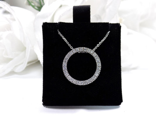 Women's .50ct TW Natural Diamond Circle Pendant in 14K White Gold w/ an Adjustable 10K White Gold Cable Chain or Necklace 14" to 18"