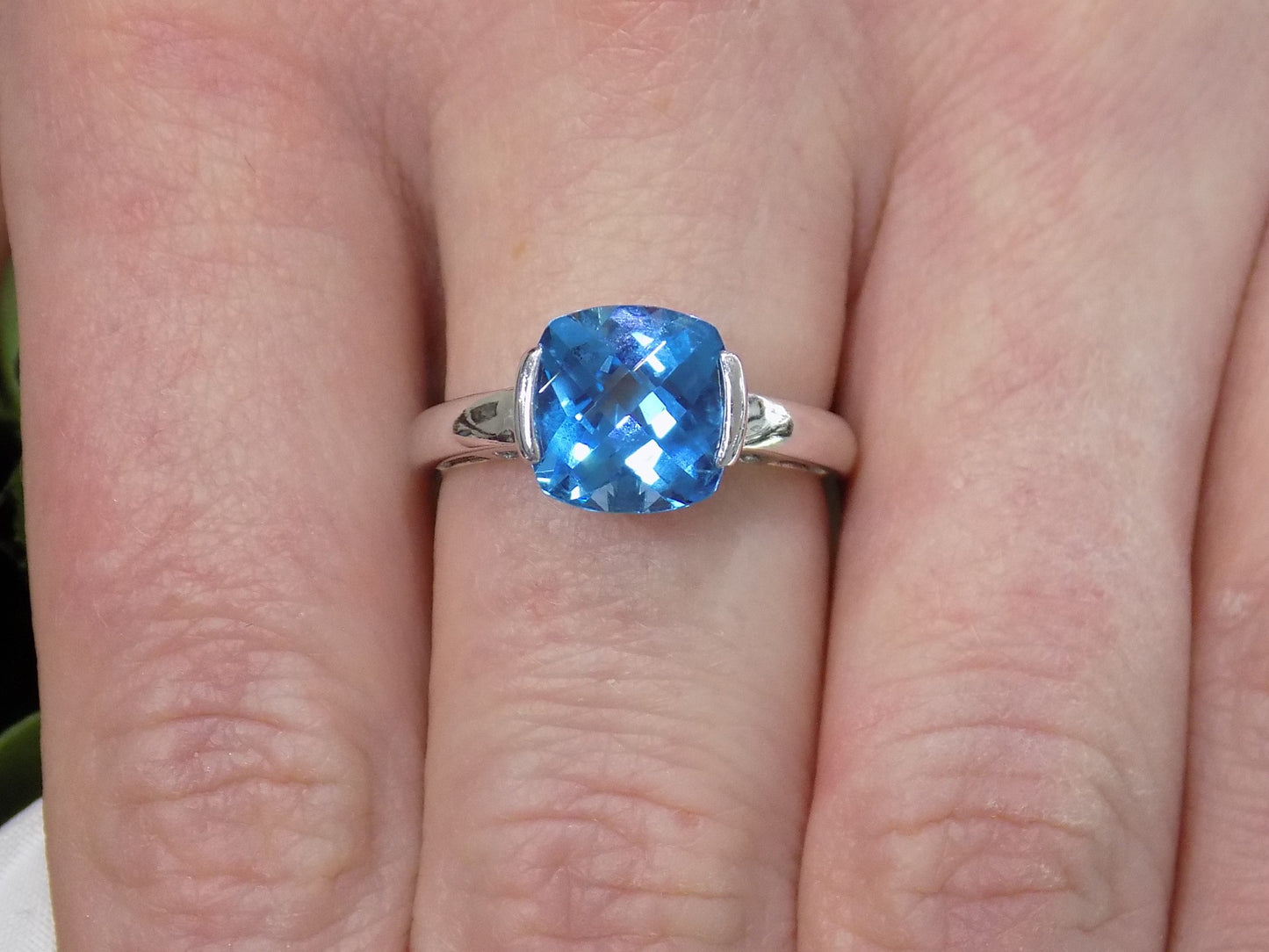 Women's 4.0ct Tension Set (Channel Set) Natural Cushion Cut Blue Topaz Ring in 14K White Gold