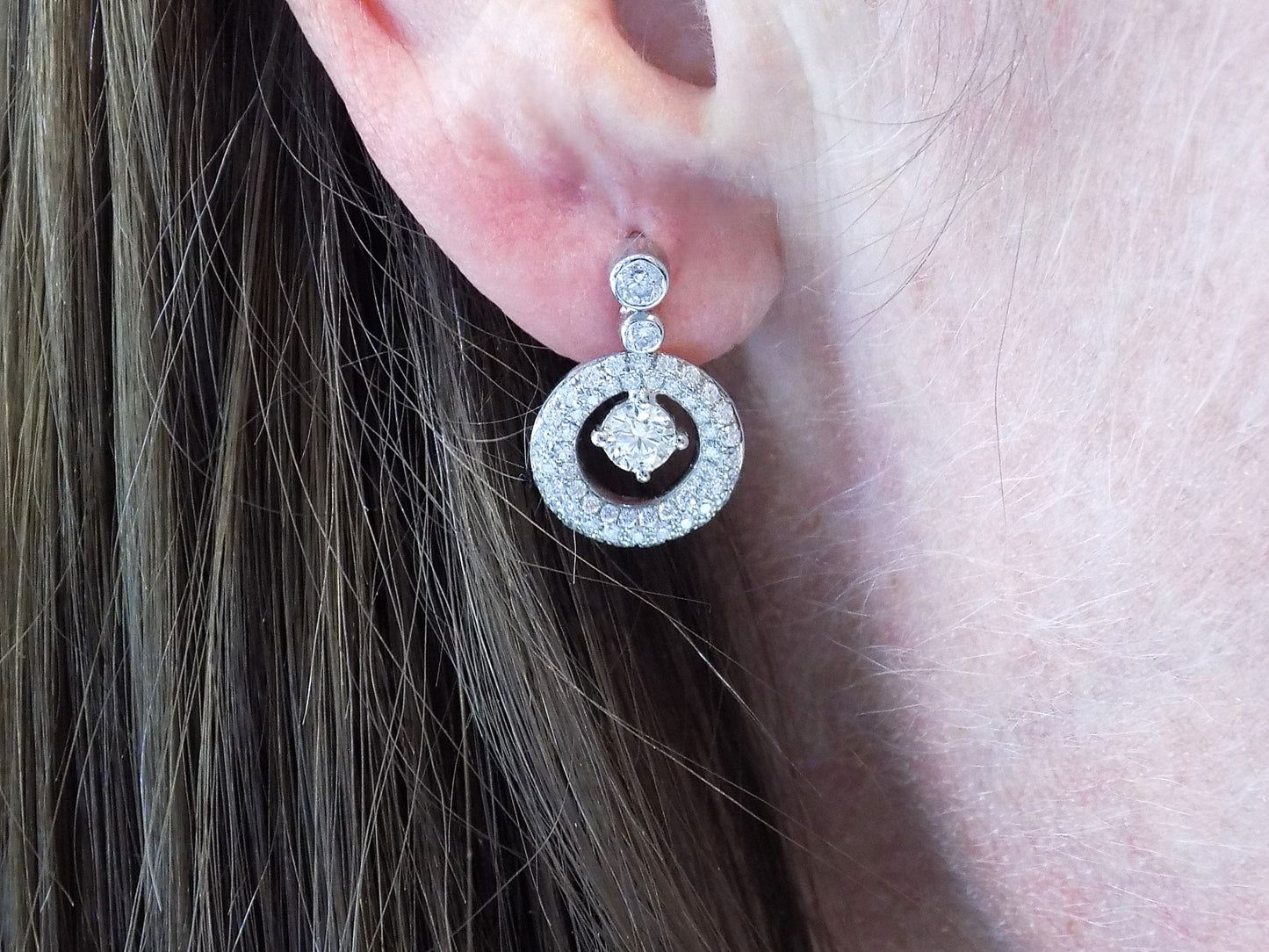 1.34ct TWD Natural Round Brilliant Diamond Drop or Dangle Circle Earrings in 14K White Gold