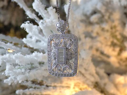 Estate Filigree Victorian Style 1.00ct TW Natural Baguette & Round Diamond Pendant or Necklace in Platinum
