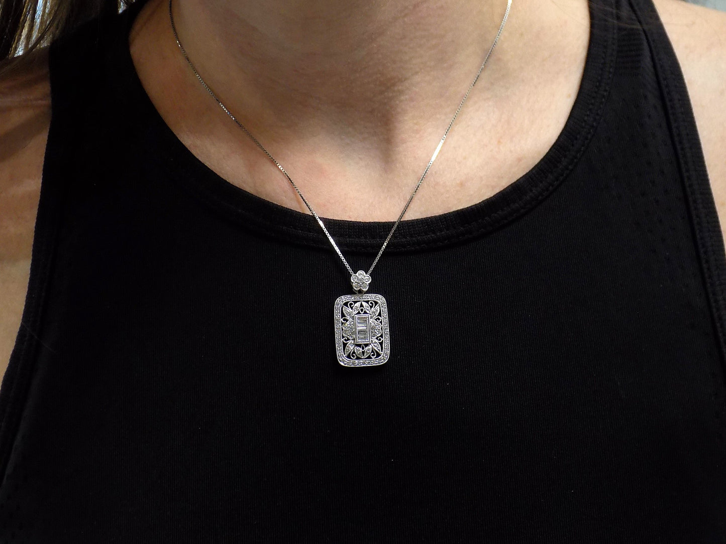 Estate Filigree Victorian Style 1.00ct TW Natural Baguette & Round Diamond Pendant or Necklace in Platinum