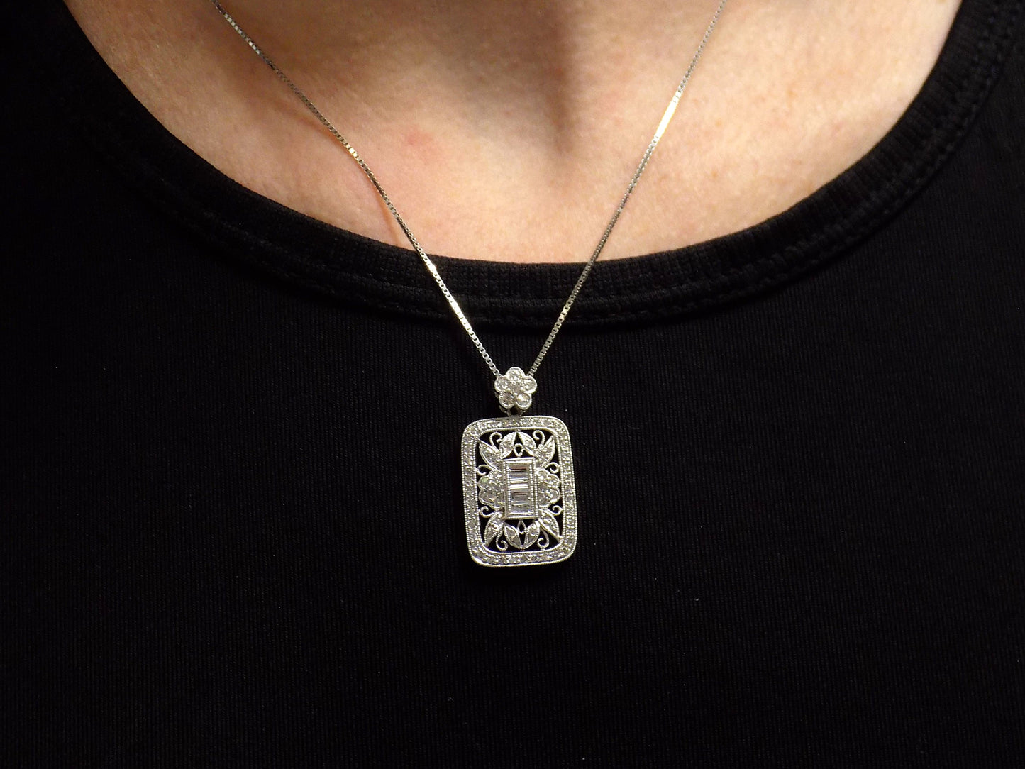 Estate Filigree Victorian Style 1.00ct TW Natural Baguette & Round Diamond Pendant or Necklace in Platinum