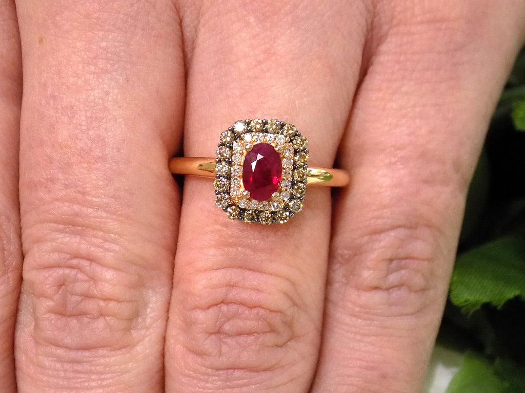 Women's EFFY 1.00ct TW Natural Oval Shape Ruby with Chocolate & White Diamond Ring in Solid 14K Rose Gold