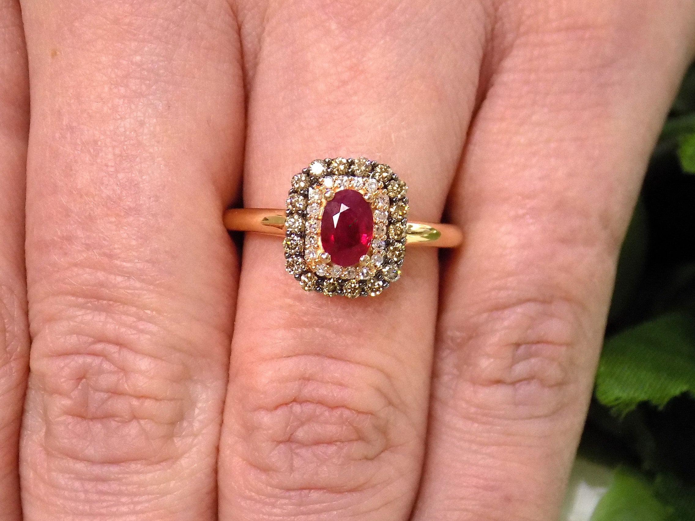 Women's EFFY 1.00ct TW Natural Oval Shape Ruby with Chocolate & White Diamond Ring in Solid 14K Rose Gold