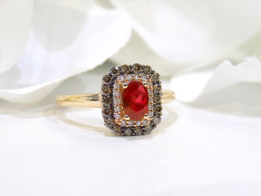 Women's EFFY 1.00ct TW Natural Oval Shape Ruby with Chocolate & White Diamond Ring in Solid 14K Rose Gold
