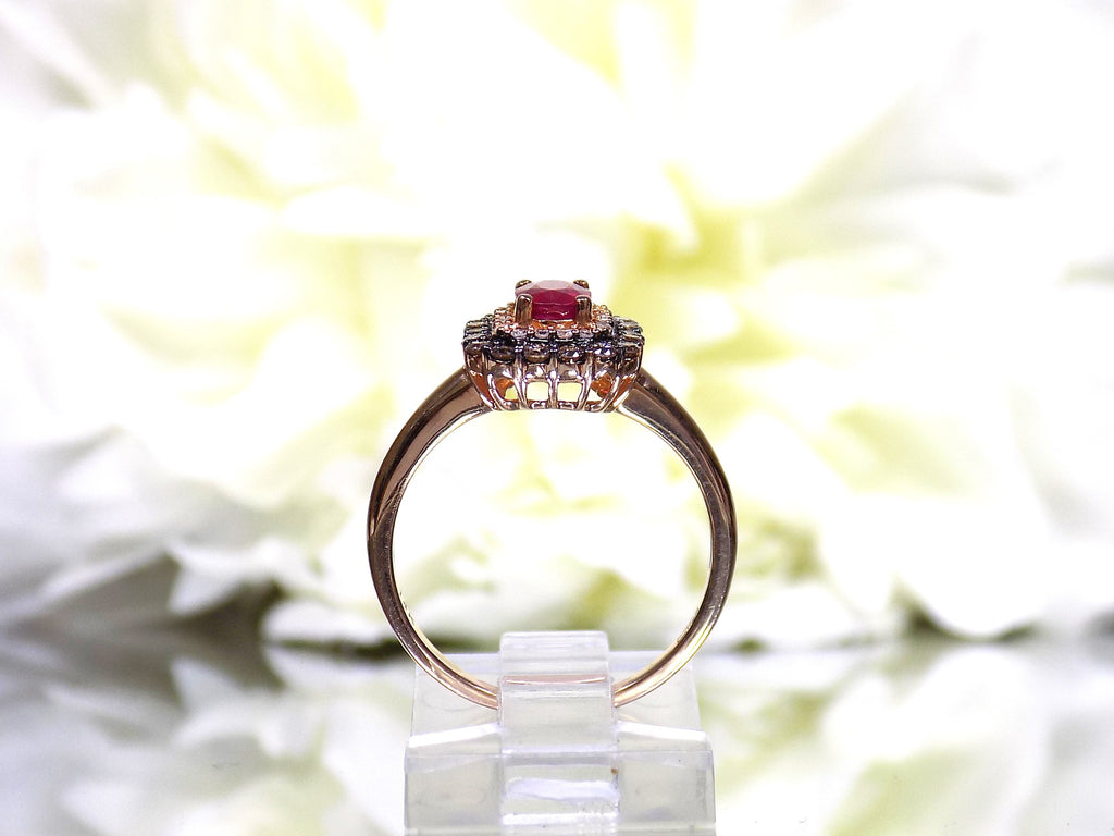 Women's EFFY 1.00ct TW Natural Oval Shape Ruby with Chocolate & White Diamond Ring in Solid 14K Rose Gold