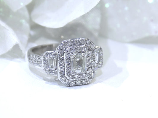 1.56ct Natural Emerald Cut Diamond Ring 3-Stone / Halo Style with a .70ct Emerald Cut Center in Platinum