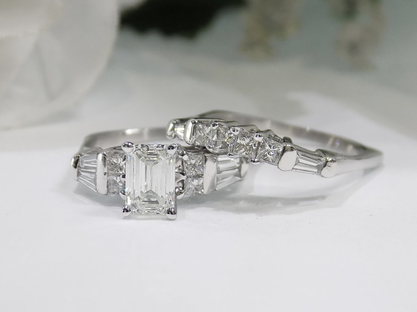 2.54ct TW Natural Emerald Cut 2-Piece Diamond Wedding Set in 14K White Gold - 1.11ct Emerald Cut Center