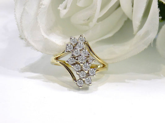 1ct TW Estate Natural Diamond Waterfall Style Cluster Ring in 10K Yellow Gold - Like New Condition