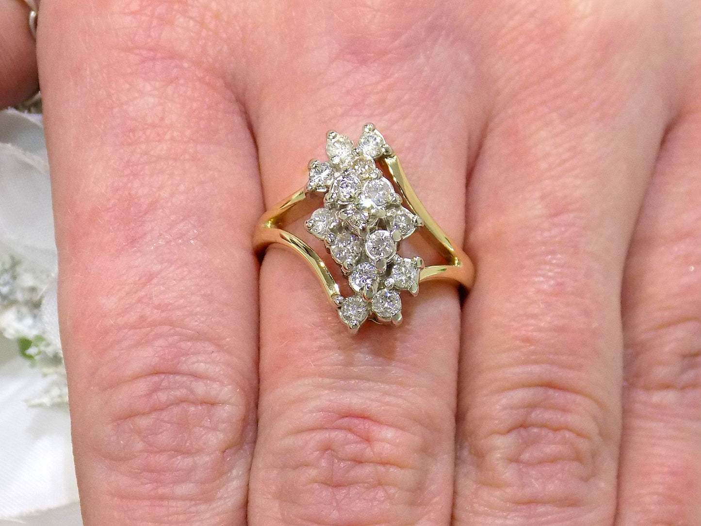 1ct TW Estate Natural Diamond Waterfall Style Cluster Ring in 10K Yellow Gold - Like New Condition