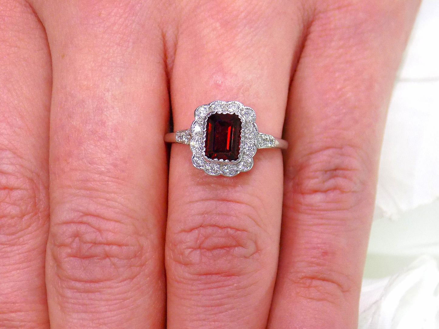 1.28ct TW Estate Bezel Set Natural Emerald Cut Garnet & Diamond Ring in 10K White Gold - Like NEW