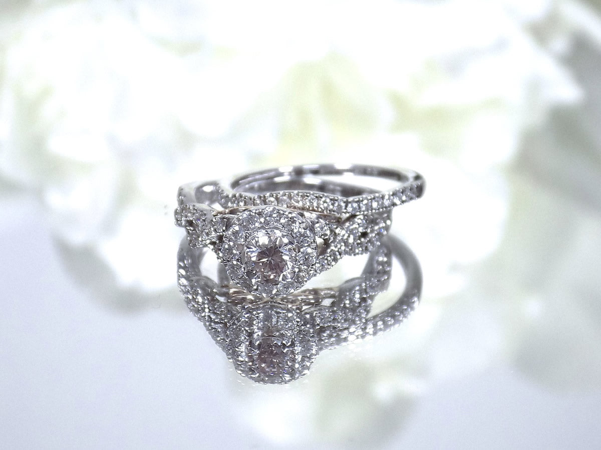 Women's 1.02ct TW Halo Infinity Style 2-Piece Natural Round Diamond Wedding Set or Bridal Set - Engagement Ring + Matching Band in 14K White Gold