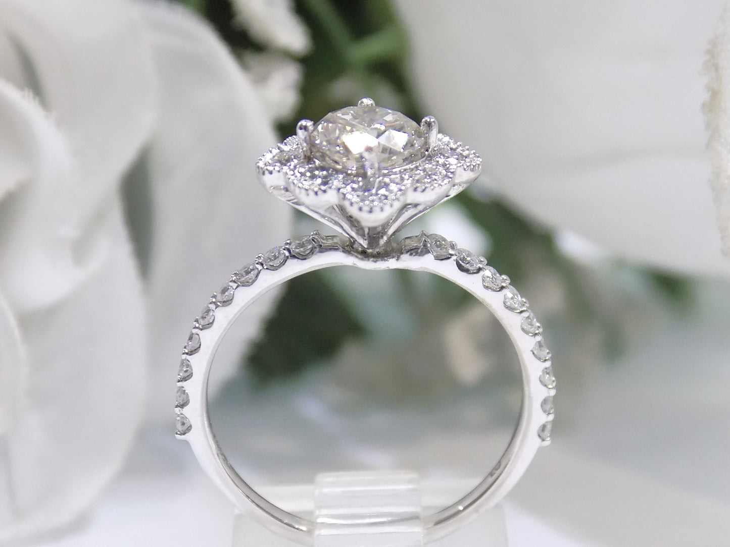 1.25ct Natural Round Diamond Engagement Ring in 14K White Gold - Unique Halo Design